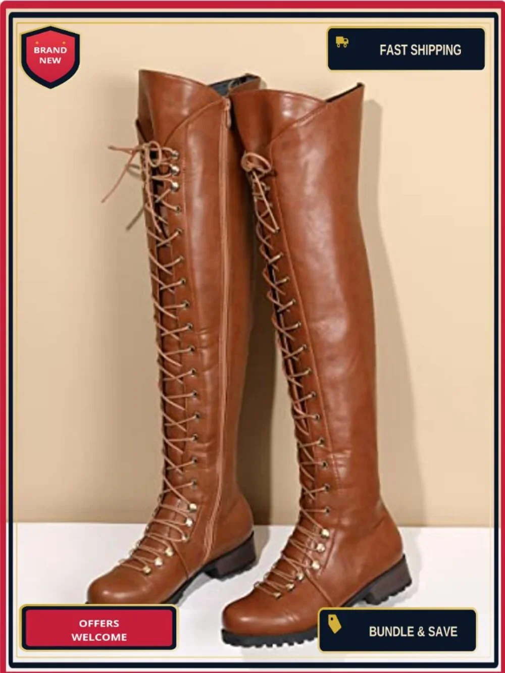 Over the Knee Lace Up Flat Boots PU Leather Riding Boots Women's